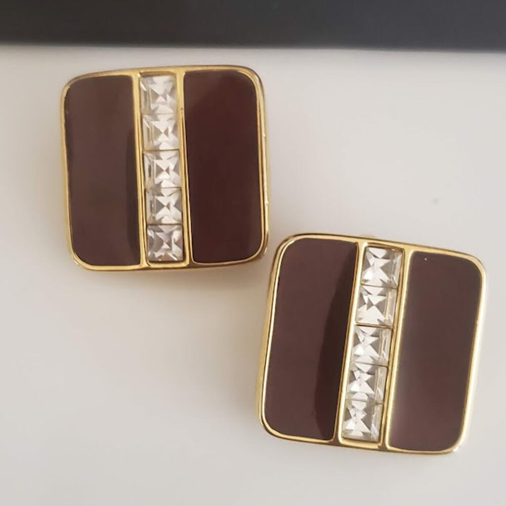 Swarovski SAL Vintage Gold Tone Brown Enamel Crystal Square Clip On Earrings 80s